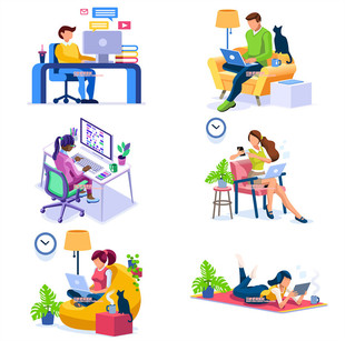 A0885矢量AI设计素材 扁平化人物居家办公咖啡笔记本猫咪生活时光