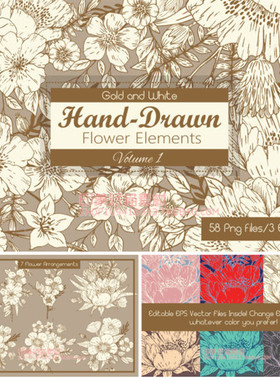 A0750矢量AI设计素材 手绘复古花朵元素线稿装饰花环插画+png