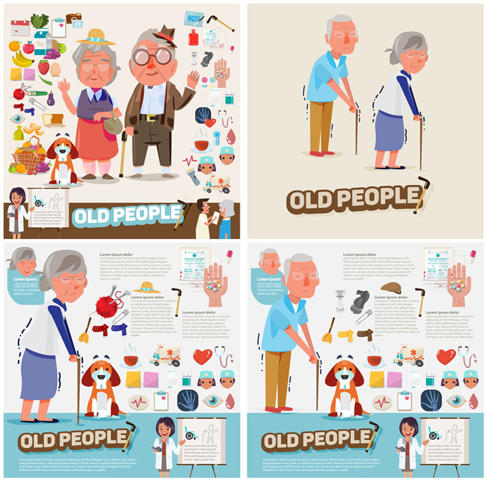 A0923矢量AI设计素材 卡通扁平化老人家养老医疗健康宠物狗狗陪伴