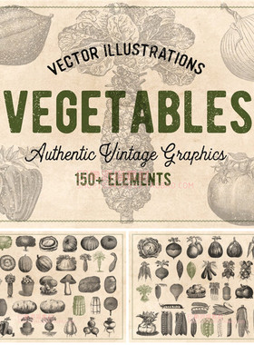 A0542矢量AI设计素材 150个复古瓜果蔬菜豆类蘑菇线稿插画含png