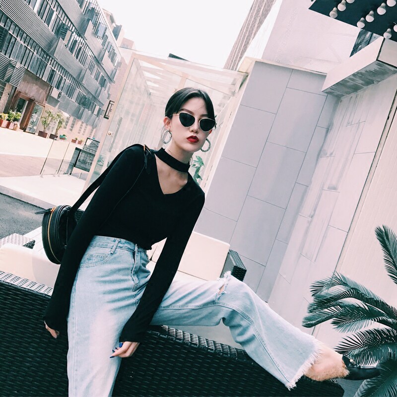 春秋韩版黑色v领t恤女学生中长袖小心机挂脖上衣修身纯棉打底衫潮