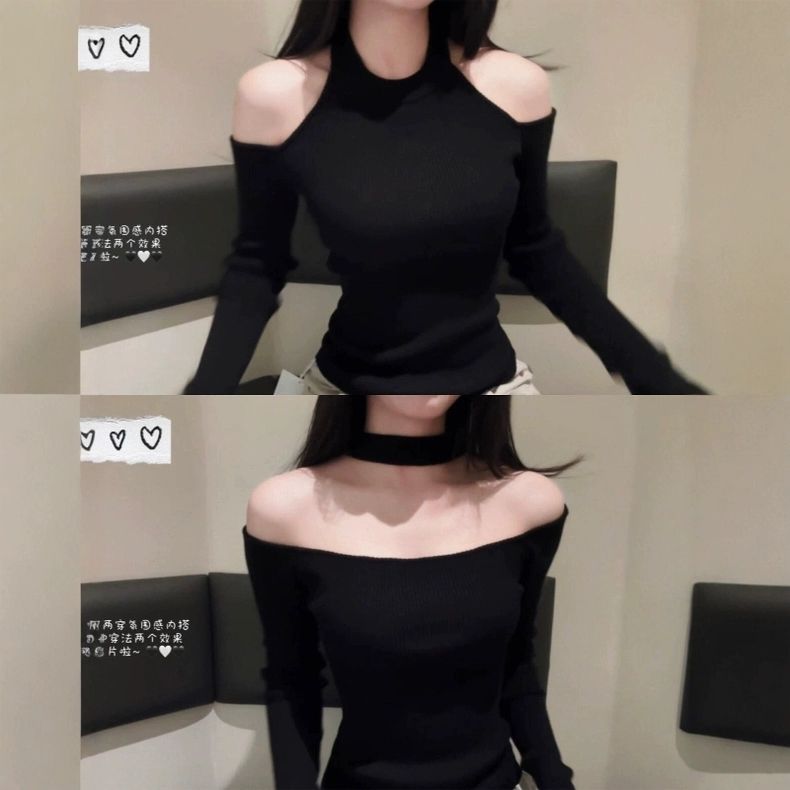 黑色挂脖露肩一字肩长袖打底衫女秋冬修身显瘦羽绒服皮草内搭上衣