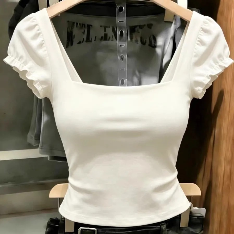 法式轻熟风白色方领泡泡袖T恤女夏季修身显瘦百搭减龄高级感上衣