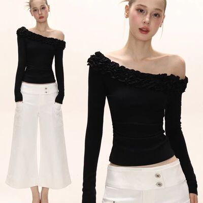 辣妹风一字肩木耳边拼接长袖女秋季收腰褶皱设计感显瘦露肩上衣潮