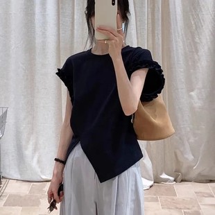 辣妹风圆领木耳边后背系绳正肩短袖T恤女2025夏不规则显瘦上衣