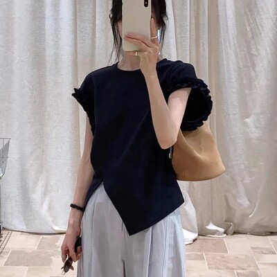 辣妹风圆领木耳边后背系绳正肩短袖T恤女2025夏不规则显瘦上衣