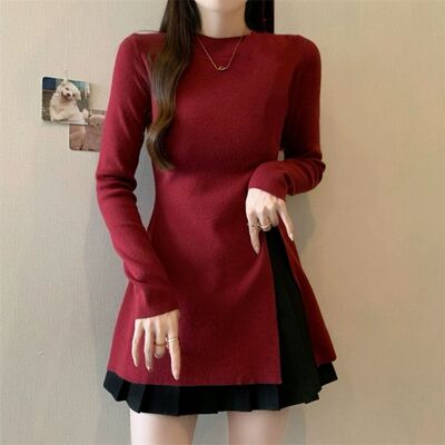 大码胖妹妹安哥拉红长袖打底衫女秋冬中长款收腰显瘦开叉别致上衣