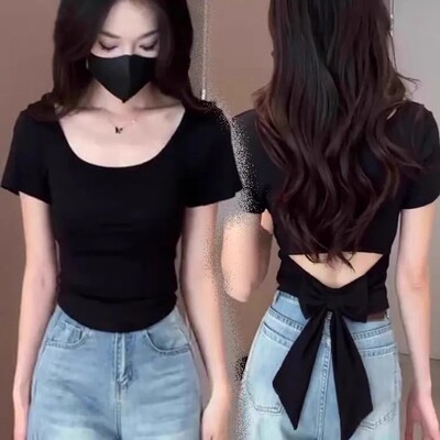 轻奢高级感露后背绑带蝴蝶结短袖t恤女夏季新款圆领黑色显瘦上衣