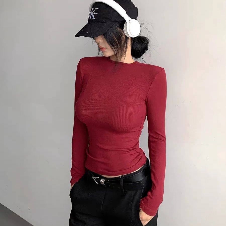 2026春秋欧美风纯色长袖t恤女圆领酒红内搭修身打底高级感上衣ins