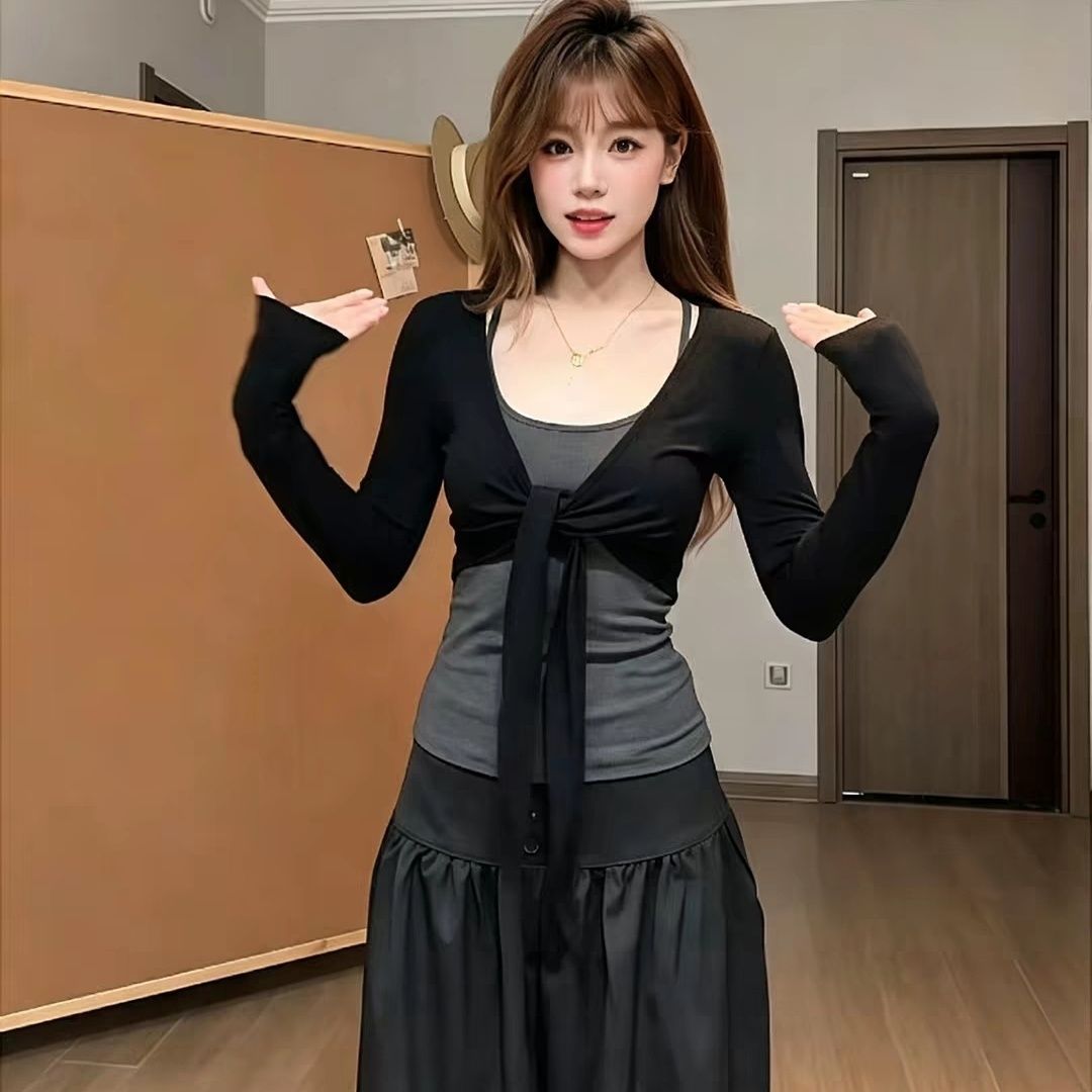 大码胖MM韩系辣妹吊带叠穿绑带长袖两件套女秋季修身显瘦时尚套装