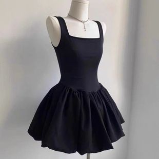 显瘦方领无袖 内搭赫本小黑裙礼裙 蓬蓬连衣裙收腰短裙高级公主法式
