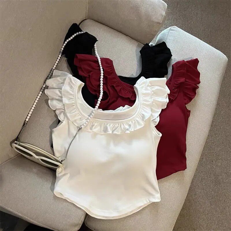 专柜撤回剪标甜美花边方领小飞袖吊带背心女夏季 无袖小上衣