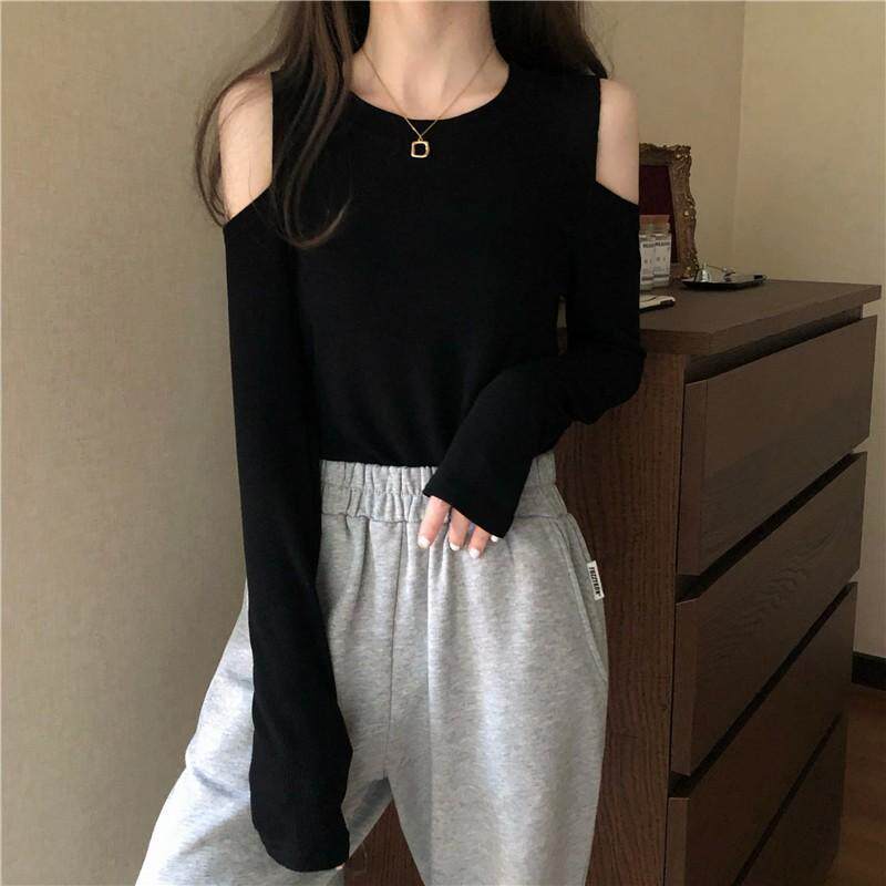 黑色露肩上衣女大码长袖t恤设计感女装2026新款打底衫女秋冬内搭