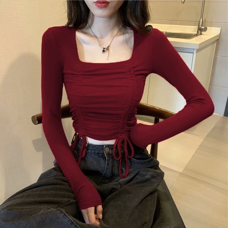 辣妹系带抽绳t恤女秋长袖方领短款纯棉高腰打底衫性感小个子上衣