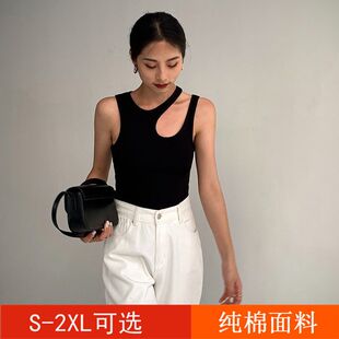 HUYIFAN黑色挖洞背心女设计感小众2021夏季新款镂空无袖内搭上衣