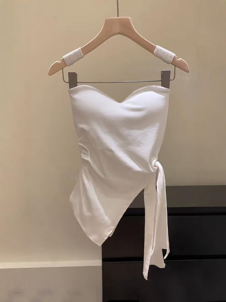 2025年夏季新款美式辣妹收腰不规则绑带抹胸女性感美背带胸垫上衣