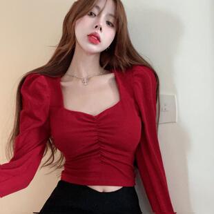 辣妹性感泡泡袖上衣秋冬高级感法式复古短款长袖方领红色打底衫女