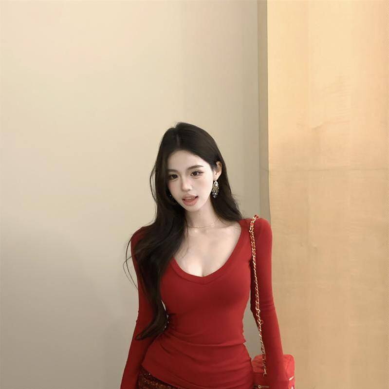辣妹红色v领长袖T恤女秋季基础款修身内搭弹力chic显瘦打底衫上衣