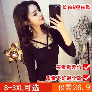 新款性感紧身黑色长袖t恤女士打底衫女学生韩版镂空交叉心机上衣