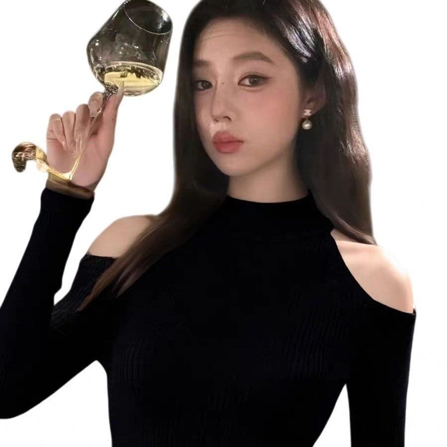 黑色舒适小众简约镂空露肩长袖女秋季精致修身收腰名媛御姐范上衣