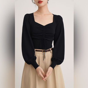 法式修身短款女上衣早秋新款灯笼袖小众抽绳显瘦黑色泡泡袖打底衫