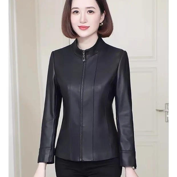 海宁绵羊皮真皮皮衣女收腰短款修身中老年妈妈时尚立领皮外套春秋