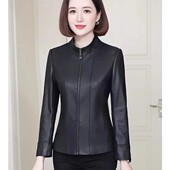 立领皮外套春秋 中老年妈妈时尚 海宁绵羊皮真皮皮衣女收腰短款 修身