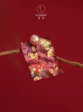 绘间手绘【故宫嫣紫-方牌】港风红色新年礼物珍珠耳钉耳夹