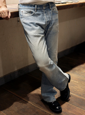 WIROTE威络02浅滩蓝竹节纹扎花水洗做旧百搭显腿长微喇牛仔裤PRPS