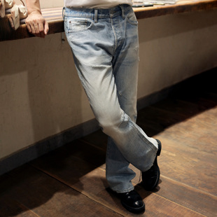 WIROTE威络02浅滩蓝竹节纹扎花水洗做旧百搭显腿长微喇牛仔裤 PRPS