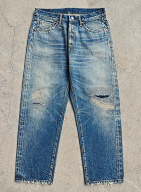 WIROTE威络 冰蓝旧化水洗 破坏补丁中腰垮牛 九分裤赤耳牛仔裤