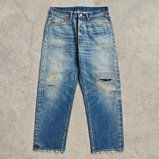 WIROTE威络 冰蓝旧化水洗 破坏补丁中腰垮牛 九分裤赤耳牛仔裤