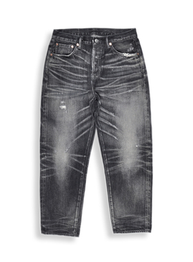 WIROTE/威络2022年黑色立体猫须小破洞做旧水洗赤耳九分直筒裤