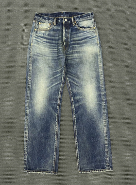 WIROTE/威络手工自然猫须磨白养牛款水洗赤耳宽松直筒牛仔长裤男