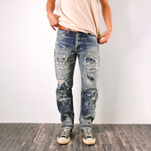 WIROTE威络重磅糜烂补丁破洞拼接刺子手缝水洗做旧赤耳牛仔裤 16oz