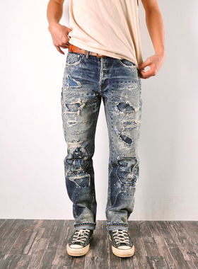 WIROTE威络重磅糜烂补丁破洞拼接刺子手缝水洗做旧赤耳牛仔裤16oz