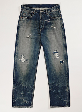 WIROTE威络新款MDNS 24ss破洞补丁闪电猫须直筒赤耳牛仔长裤男