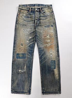 WIROTE威络重磅立体猫须黄泥水洗破洞补丁宽松直筒赤耳牛仔长裤男