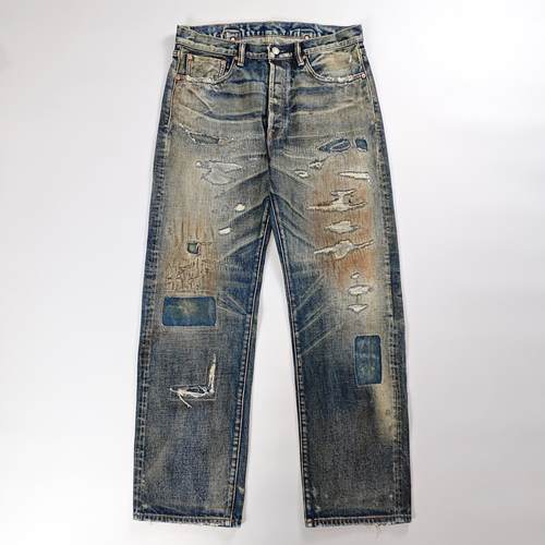 威络重磅泥洗破洞拼布赤耳牛仔裤