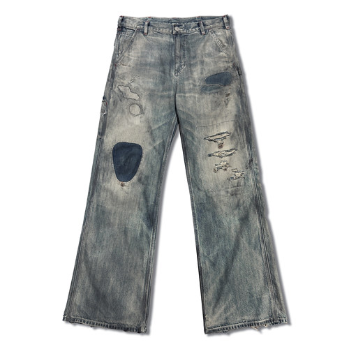 WIROTE威络 雾霾灰蓝古布拼接 三本针埋夹伐木裤A字牛仔裤11.5OZ