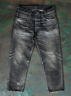 WIROTE/威络黑牛立体猫须小磨破刺绣九分赤耳牛仔裤 17AW同款水洗