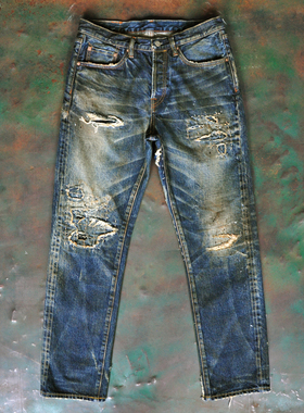 WIROTE威络脏洗蓝染破洞破坏刺子手缝补丁赤耳牛仔裤长裤重磅16oz