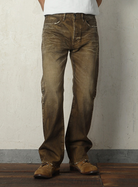 WIROTE威络 油污泥染靴裤旧化黄泥洗水 修身轻微喇叭赤耳牛仔裤