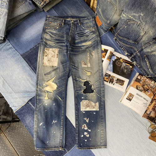 wirote威络LVC报纸牛王烫印补丁泼墨复古宽松直筒赤耳牛仔长裤男