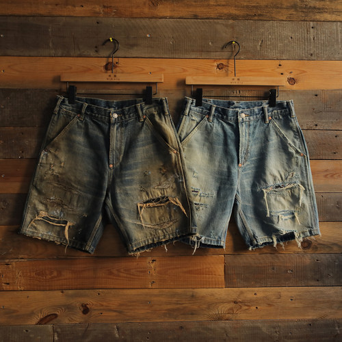 威络复古破洞补丁牛仔五分短裤男