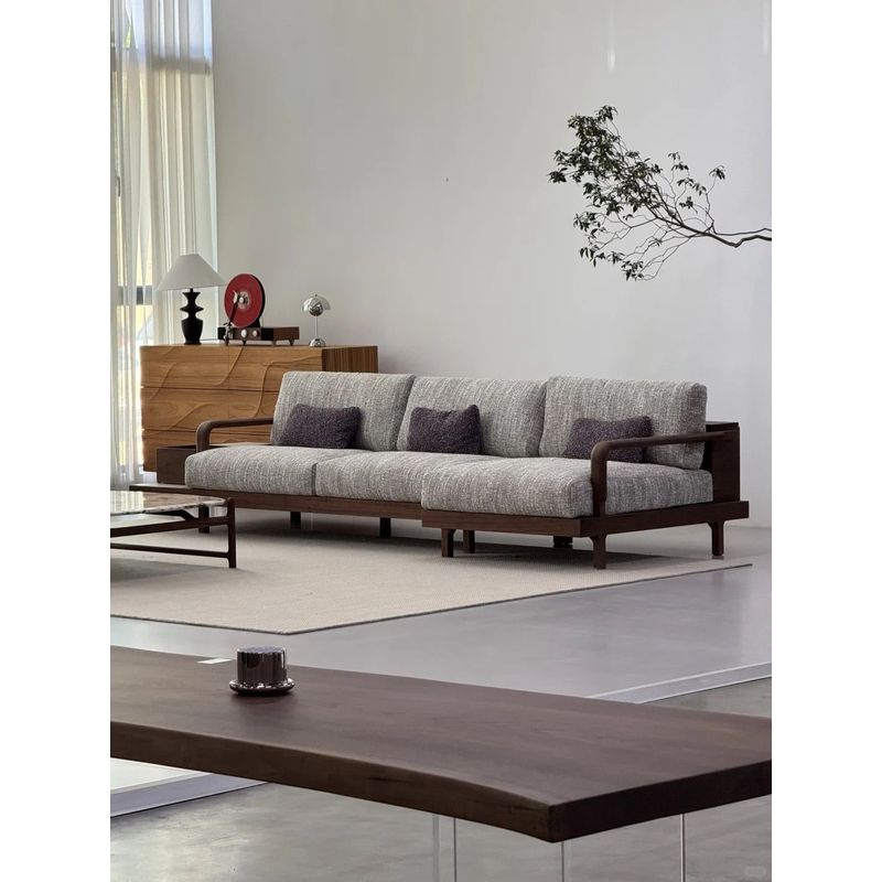 新中式宋式美学北美黑胡桃木直排布艺沙发2025新款设计师办公家具