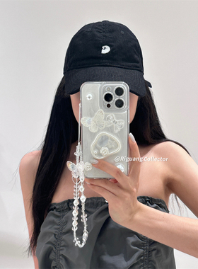 MIMI · ins气质奶油白宝石蝴蝶链条适用15Pro苹果16ProMax手机壳iPhone11/12/13/14立体闪粉滴胶Xs/Xr软壳套