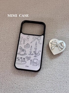 MIMI · ins黑边涂鸦插画爱心蝴蝶结支架适用苹果17promax全包手机壳iphone16pro女13/14新款15防摔保护软壳