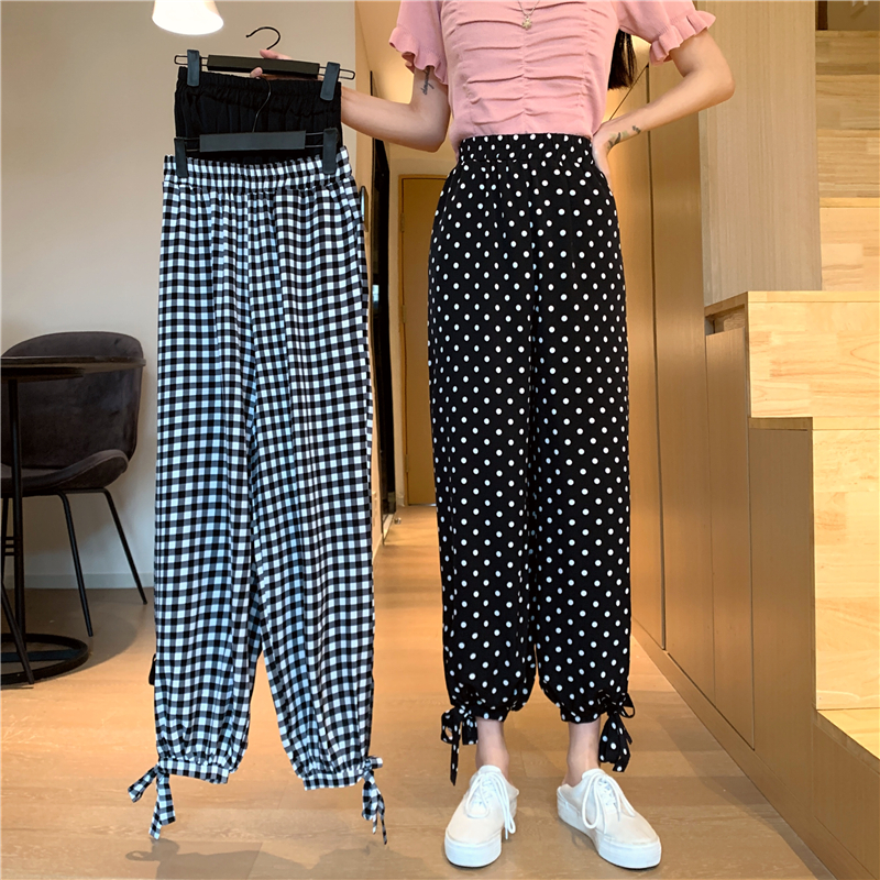 Real price ~ lace up high waist Plaid slim casual pants wide leg pants