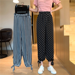 Real price ~ lace up high waist Plaid slim casual pants wide leg pants